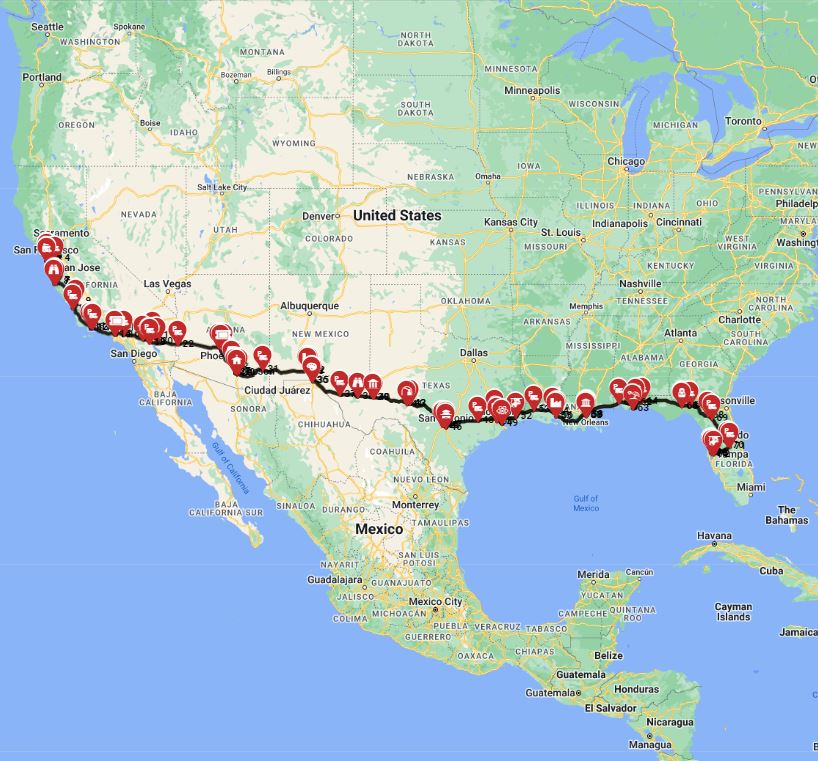 RV trip planner San Francisco to Tampa motorhome road trip route plan